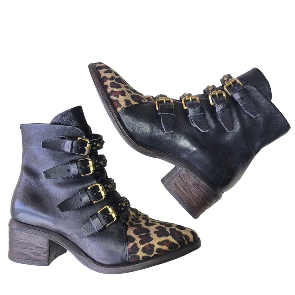 A.S.98 Frankie Black Leather Leopard Print Calf Hair Pointed Toe Ankle Boots 38